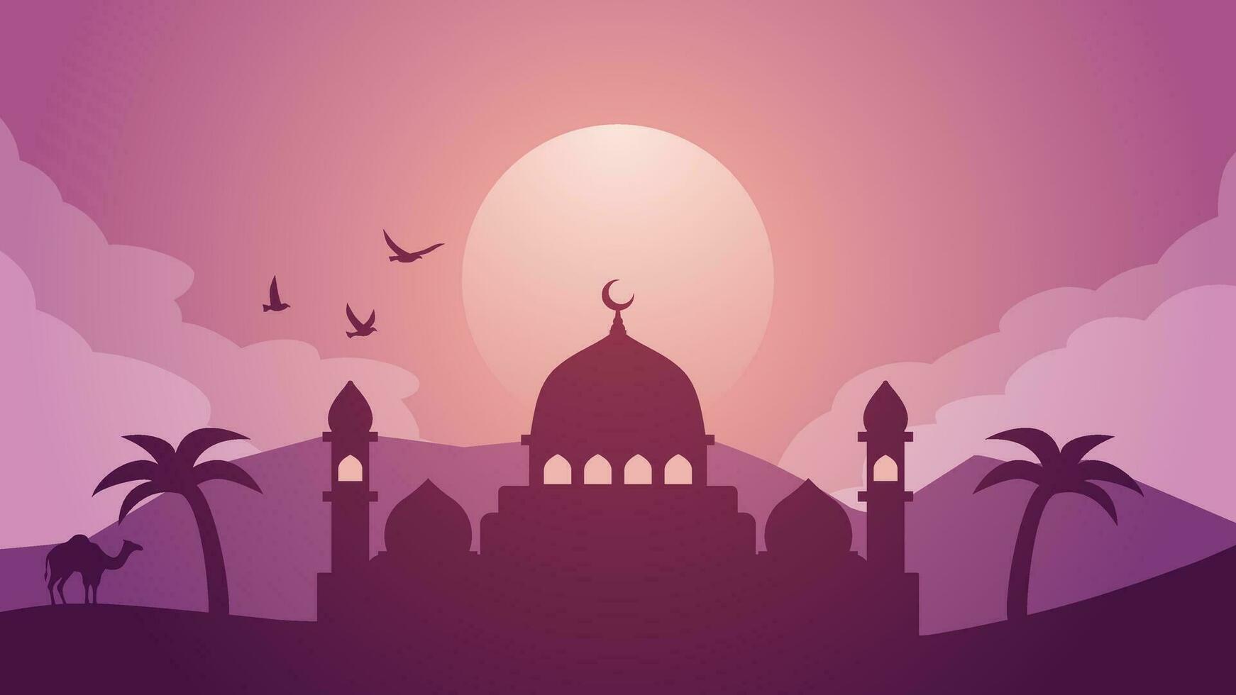 mezquita paisaje silueta vector ilustración. Ramadán paisaje diseño gráfico en musulmán cultura y islam religión. mezquita paisaje ilustración, antecedentes o fondo de pantalla