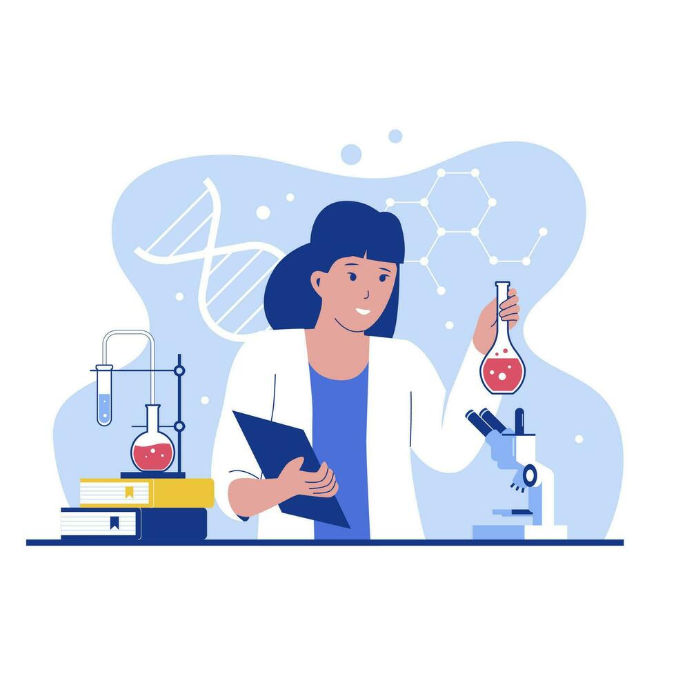 Young woman Scientist work in laboratory. Vector flat illustration