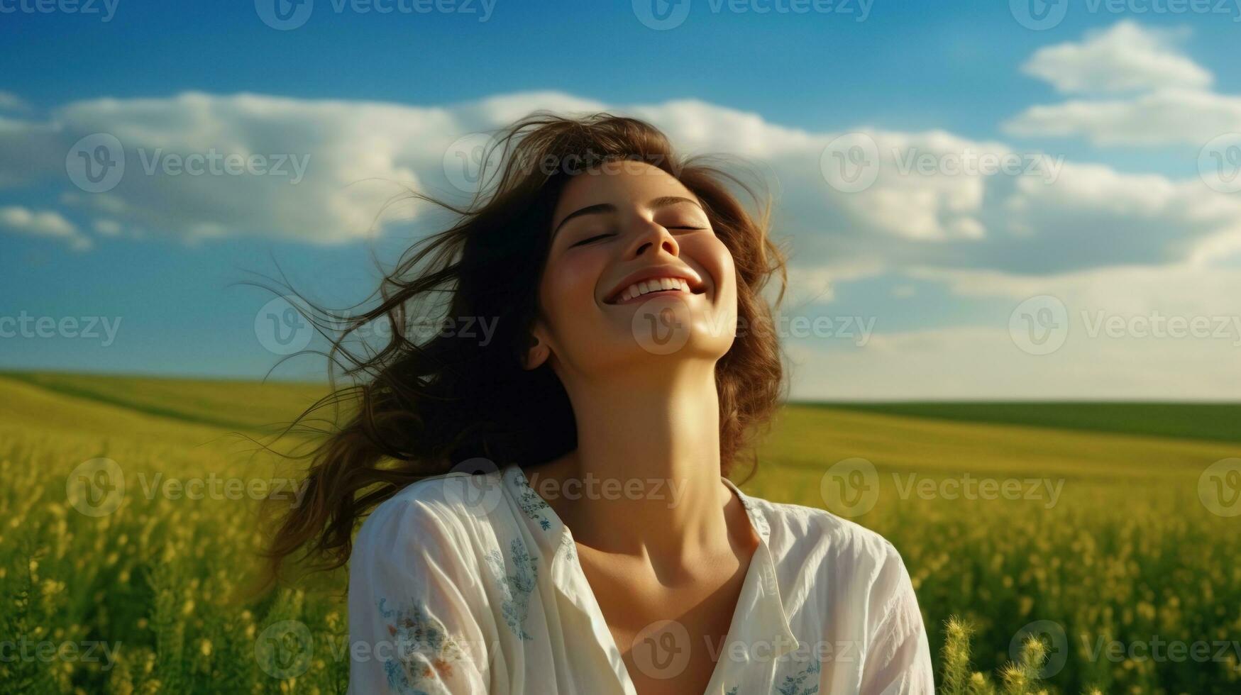 AI generated Calm Happy Smiling Woman with Closed Eyes on the Fields. Free, Peace, Beautiful Moment Concept photo