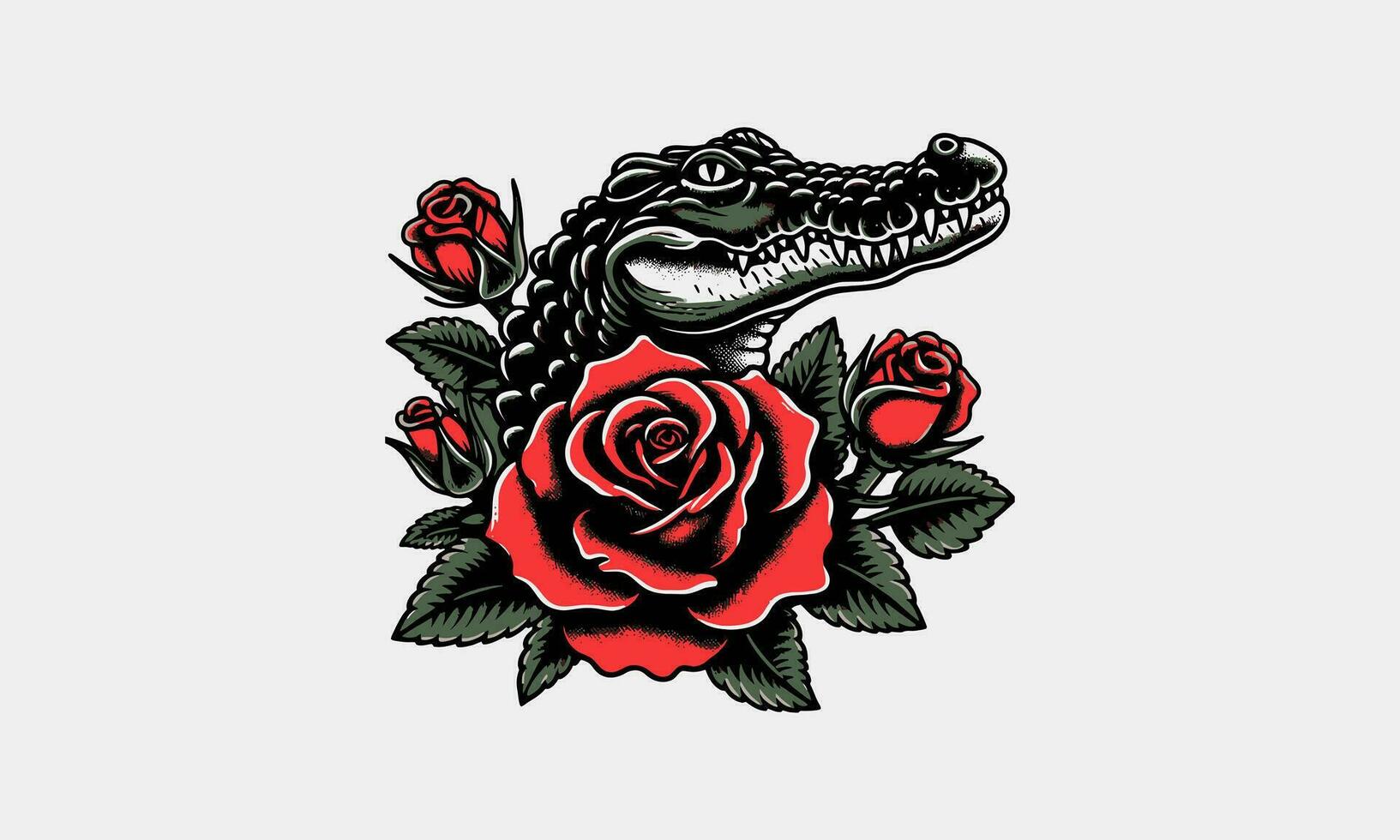 red rose and head crocodile vector tattoo design