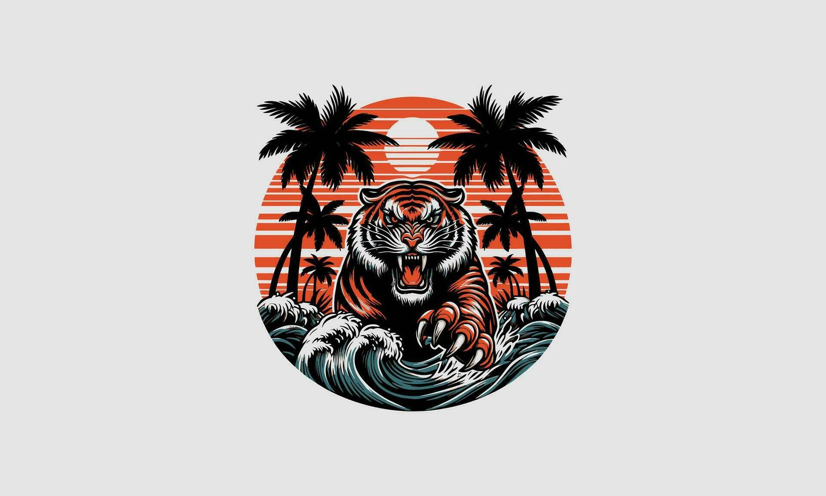 Tigre enojado en mar puesta de sol vector plano diseño