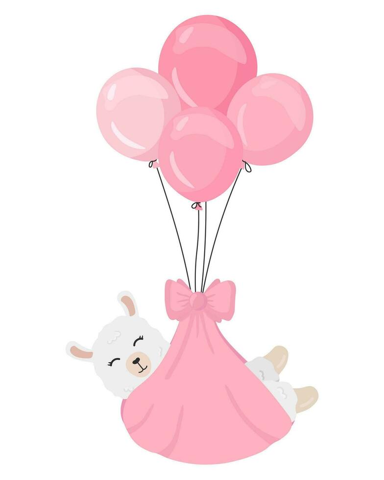 linda alpaca en el globos genial para guardería diseño, póster, cumpleaños saludo tarjeta. bebé ducha. es un muchacha. plano vector dibujos animados ilustración.