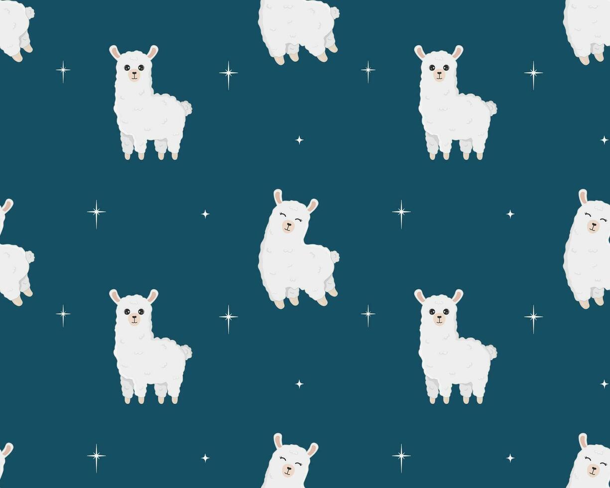 Seamless pattern of cute alpaca in different poses. Cartoon design animal character flat vector style. Baby texture for fabric, wrapping, textile, wallpaper, clothing.