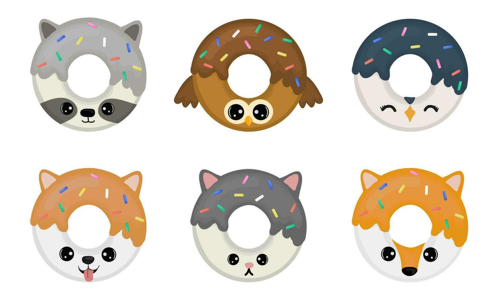 linda conjunto con dibujos animados rosquillas en el formar de animales mapache, búho, pingüino, corgi perro, gato, zorro. vector