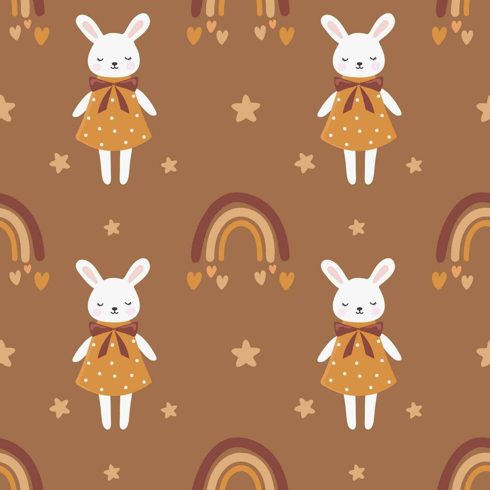 Seamless vector pattern with bunny and rainbow. Trendy baby texture for fabric, wallpaper, apparel, wrapping