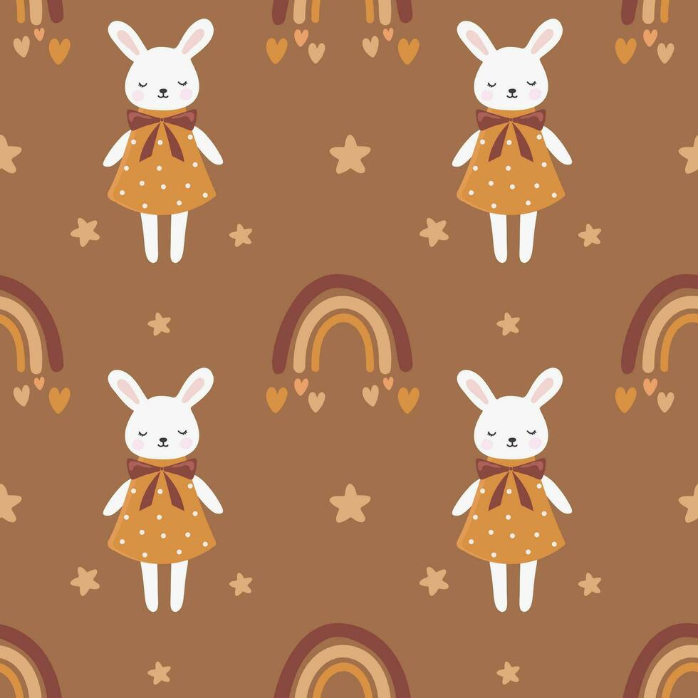 Seamless vector pattern with bunny and rainbow. Trendy baby texture for fabric, wallpaper, apparel, wrapping