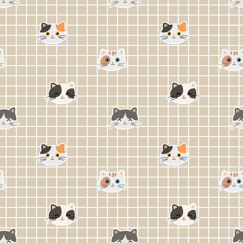Cute pattern with cats on beige checkered background. Vector seamless texture for kids fabric, wrapping paper, design.