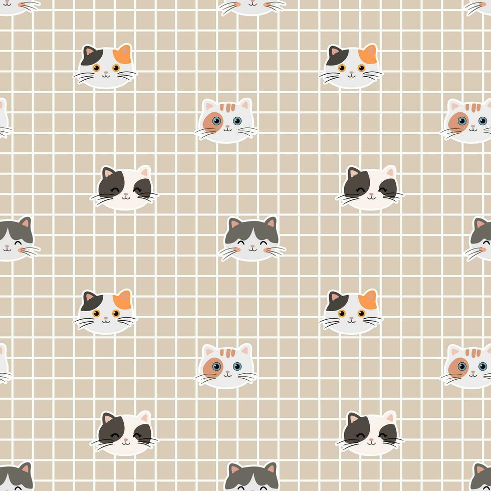 linda modelo con gatos en beige a cuadros antecedentes. vector sin costura textura para niños tela, envase papel, diseño.