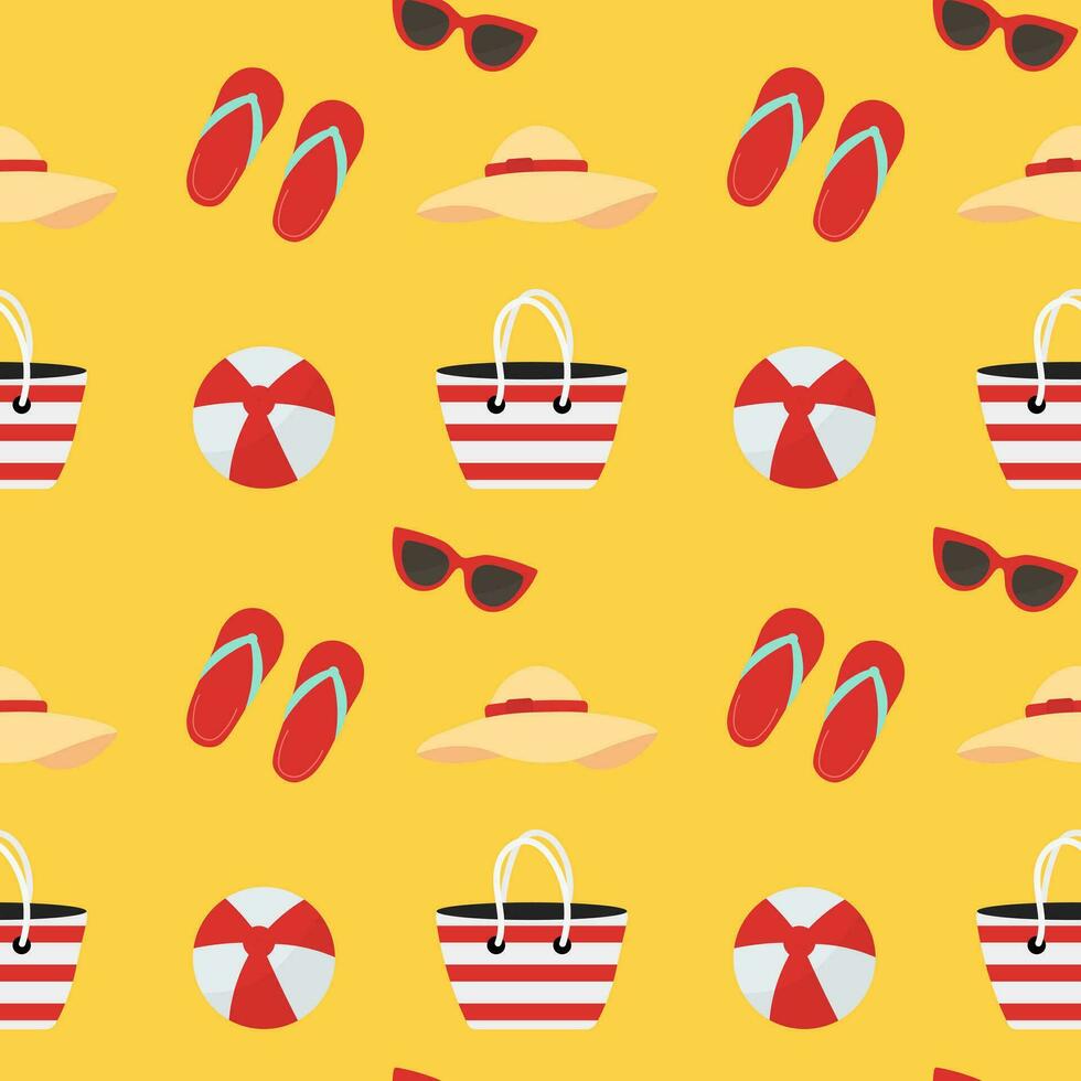 Colorful seamless summer pattern with  beach elements.  Bright summer poster flat vector style.