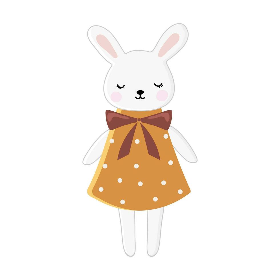 Bunny girl in a dress, vector illustration on a white background. Can be used as a print on children's clothing, greeting cards, invitations to children's parties, room poster.