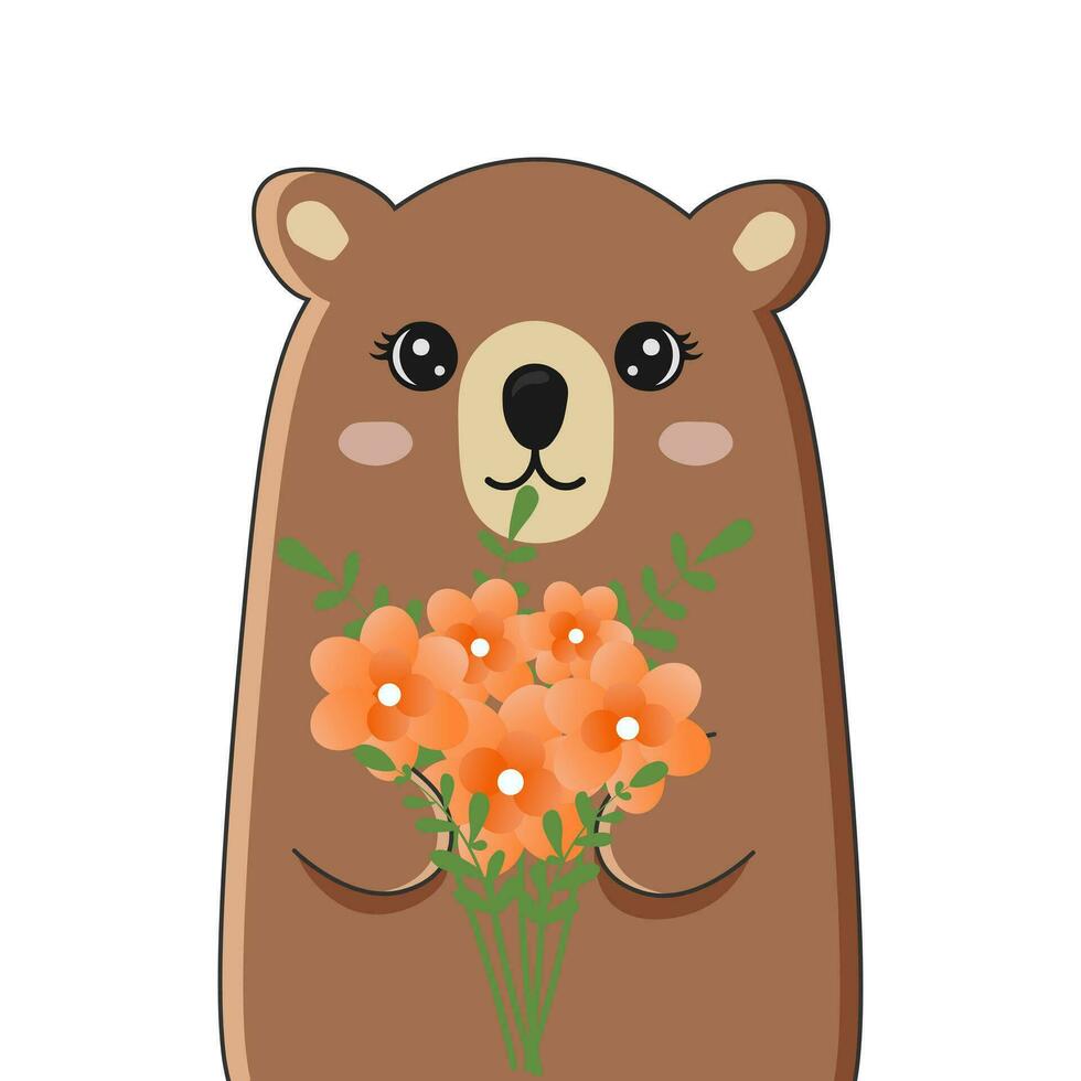 Cute bear holding bouquet. Funny animal isolated on white background. vector