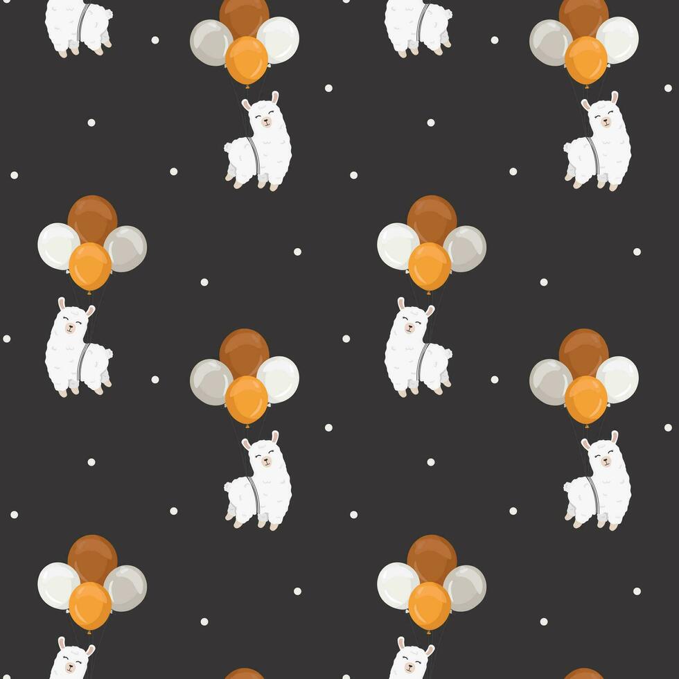 Seamless vector pattern with llama alpaca and balloons. Trendy baby texture for fabric, wallpaper, apparel, wrapping. Boho background for nursery