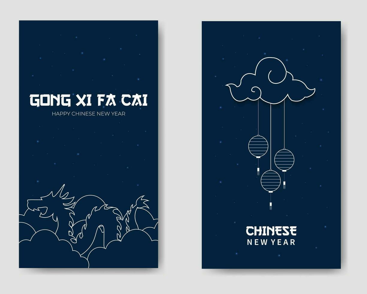 Happy Chinese New Year, Gong Xi Fa Cai Line Art Style Background Template Set vector