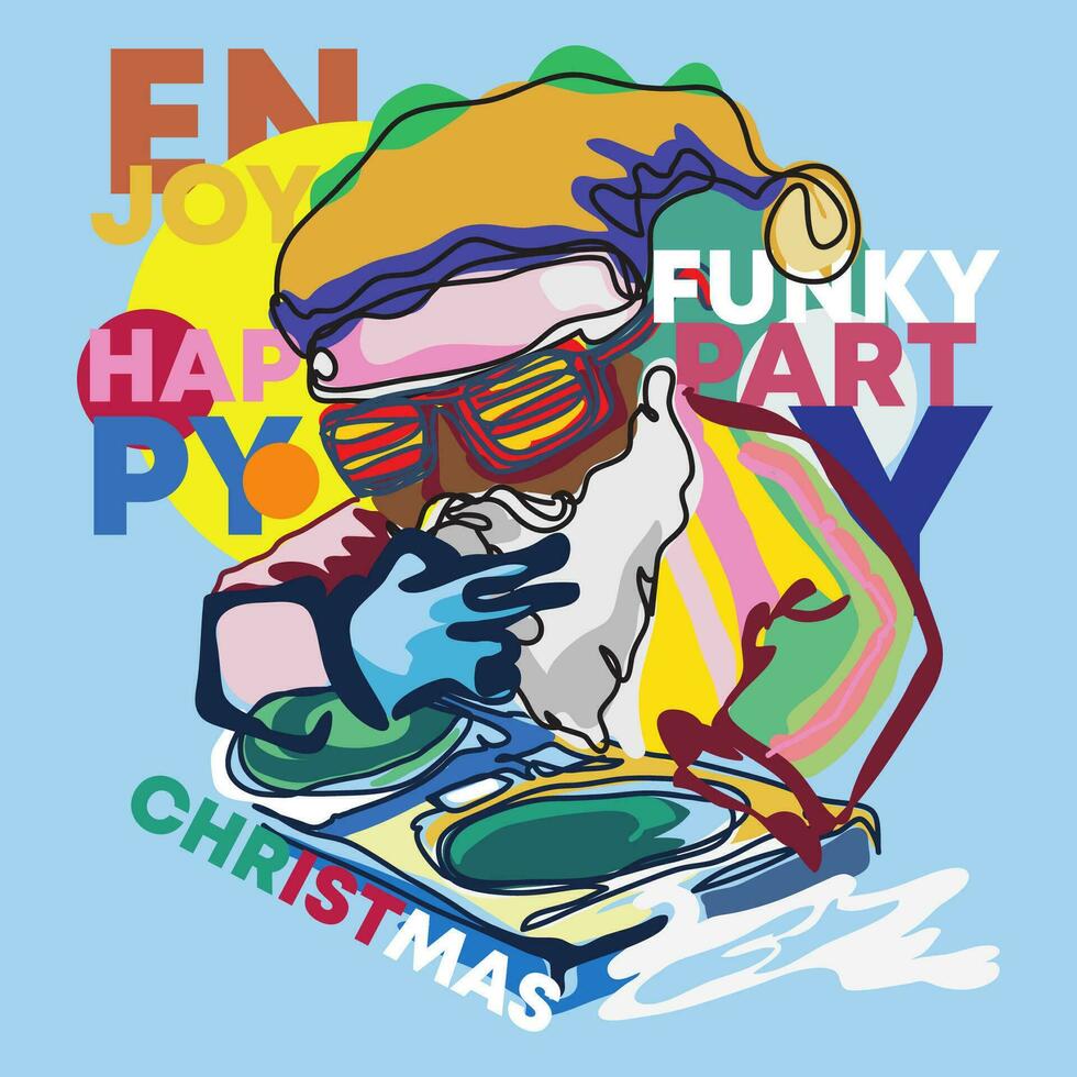 Vibrant abstract Santa Claus wearing workout attire and party glasses, is playing a turntable. vector