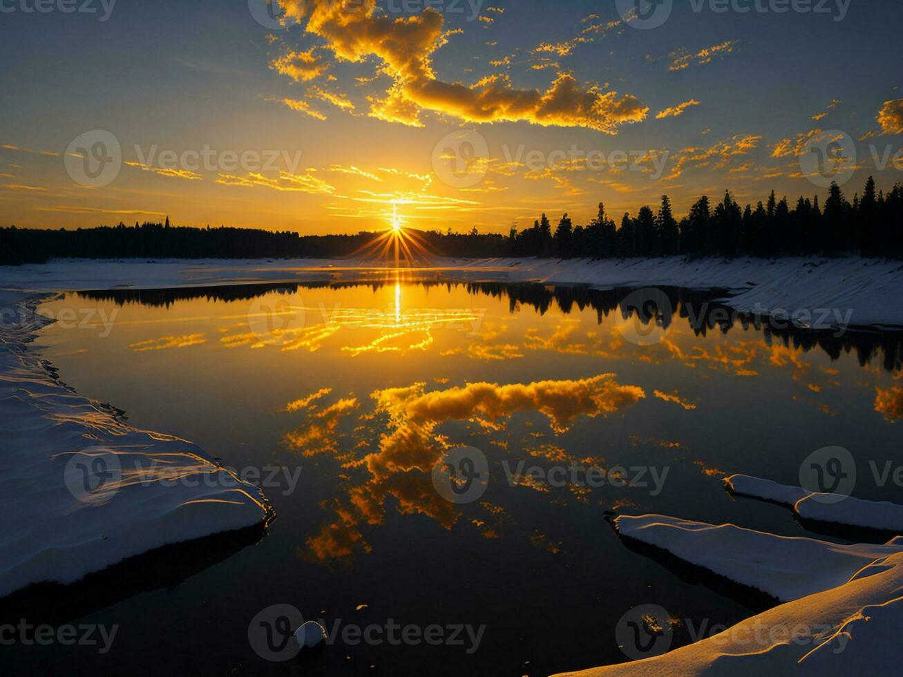 AI generated An image of a vibrant sunset over a serene lake, with colorful reflections shimmering on the water with snow photo