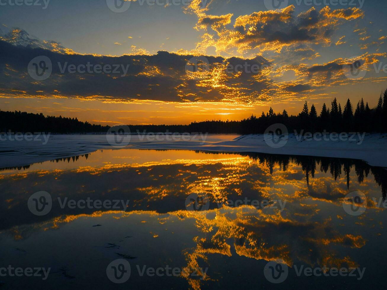 ai generado un imagen de un vibrante puesta de sol terminado un sereno lago, con vistoso reflexiones reluciente en el agua con nieve foto