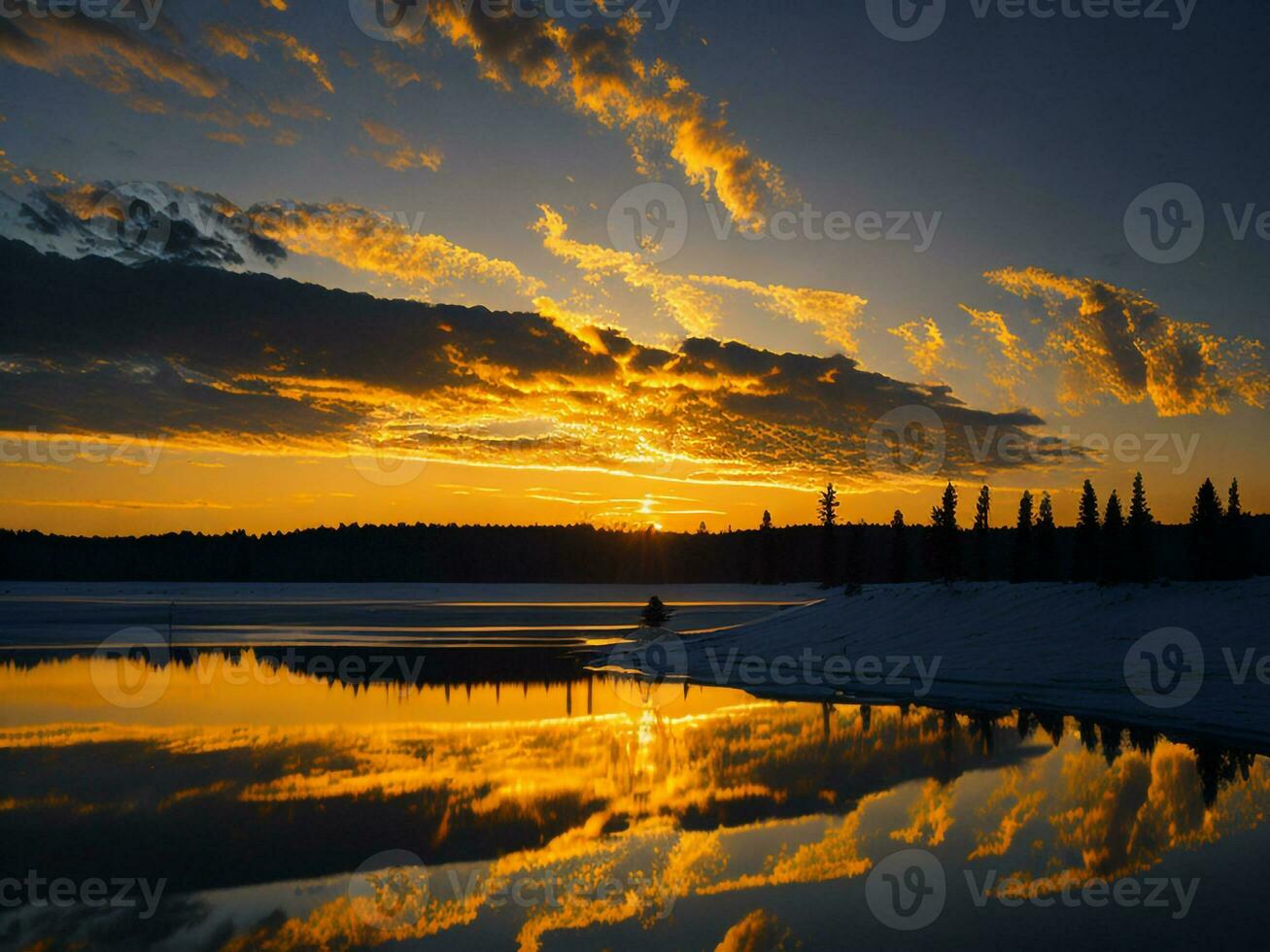 AI generated An image of a vibrant sunset over a serene lake, with colorful reflections shimmering on the water with snow photo