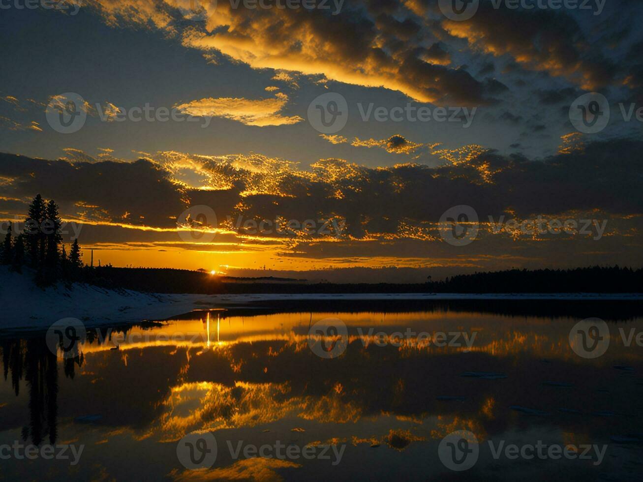 AI generated An image of a vibrant sunset over a serene lake, with colorful reflections shimmering on the water with snow photo