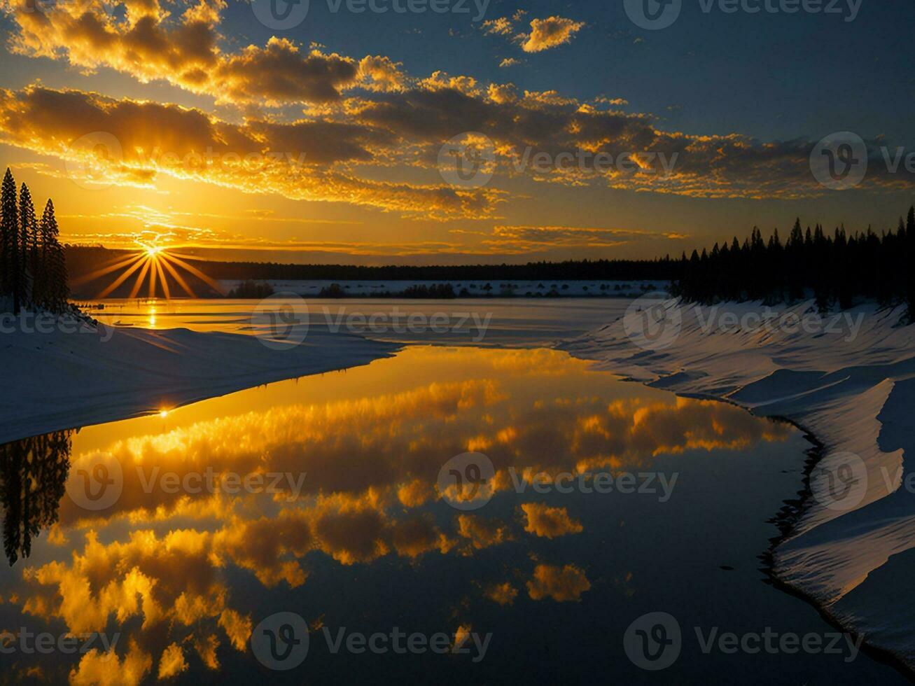 AI generated An image of a vibrant sunset over a serene lake, with colorful reflections shimmering on the water with snow photo