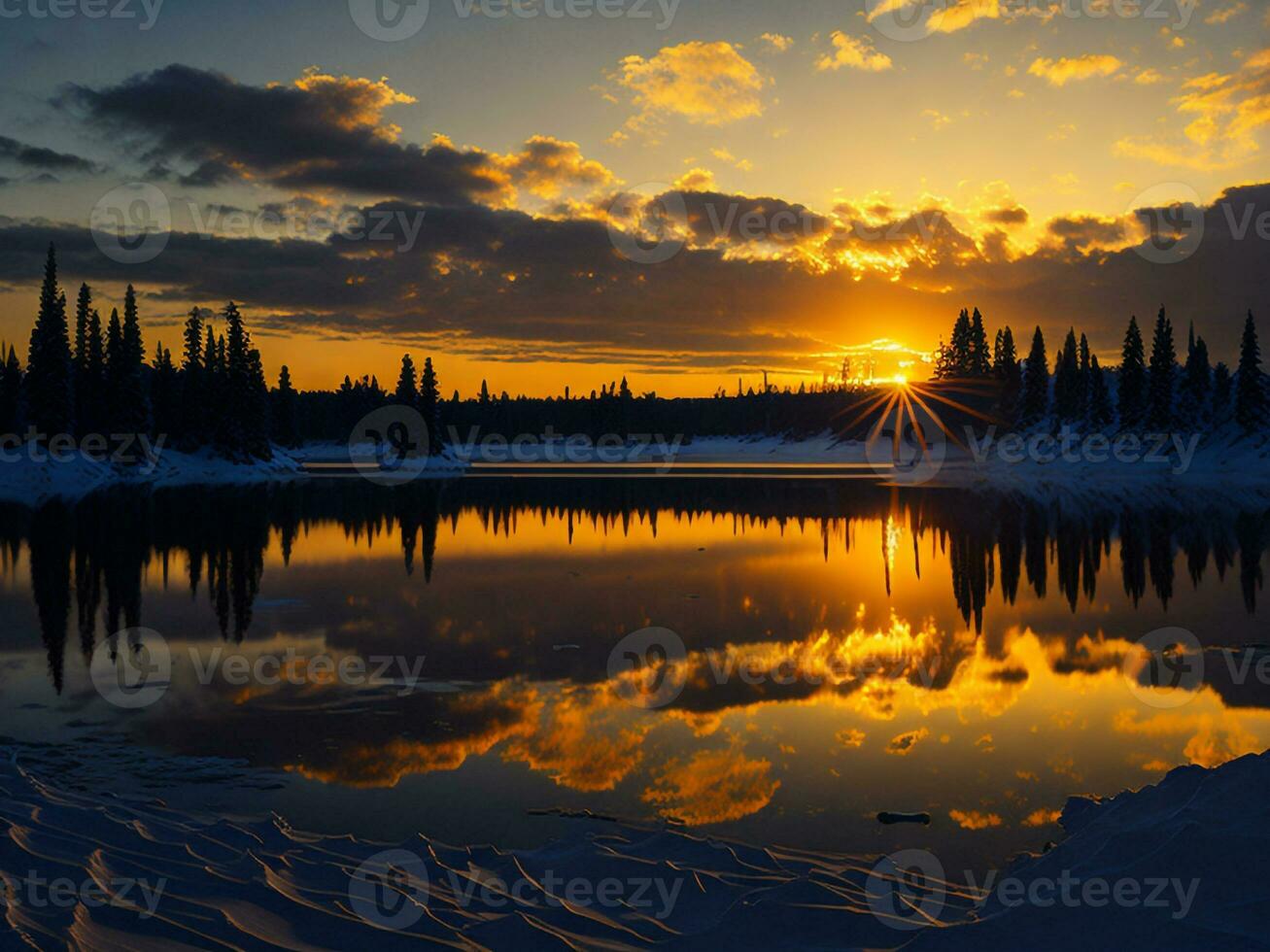 AI generated An image of a vibrant sunset over a serene lake, with colorful reflections shimmering on the water with snow photo