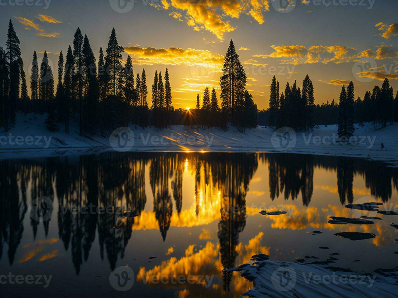 AI generated An image of a vibrant sunset over a serene lake, with colorful reflections shimmering on the water with snow photo