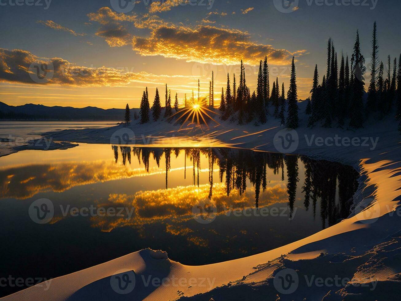 ai generado un imagen de un vibrante puesta de sol terminado un sereno lago, con vistoso reflexiones reluciente en el agua con nieve foto