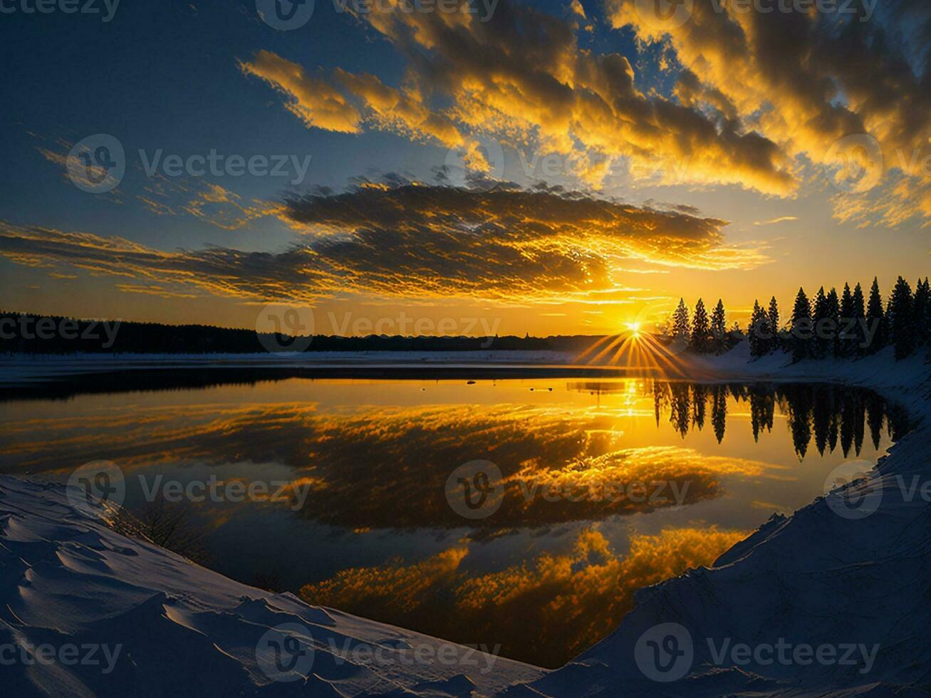AI generated An image of a vibrant sunset over a serene lake, with colorful reflections shimmering on the water with snow photo