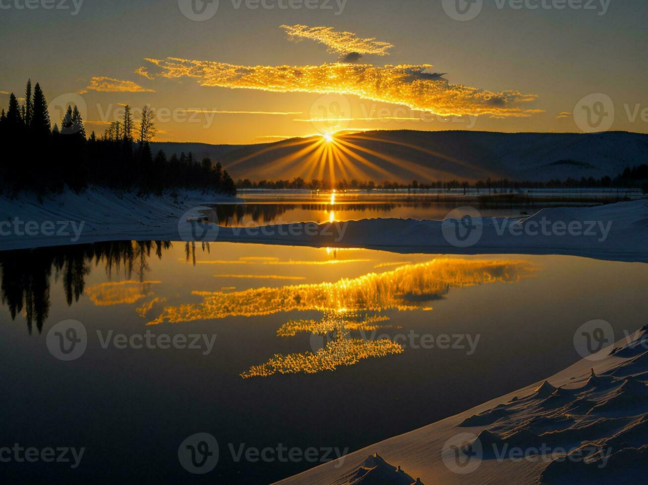 AI generated An image of a vibrant sunset over a serene lake, with colorful reflections shimmering on the water with snow photo