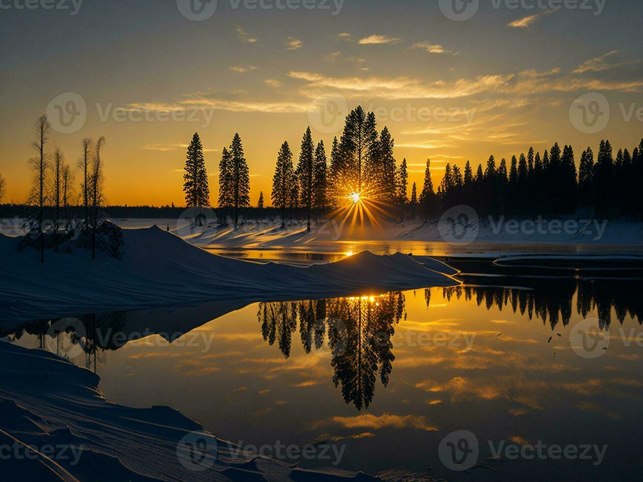 AI generated An image of a vibrant sunset over a serene lake, with colorful reflections shimmering on the water with snow photo