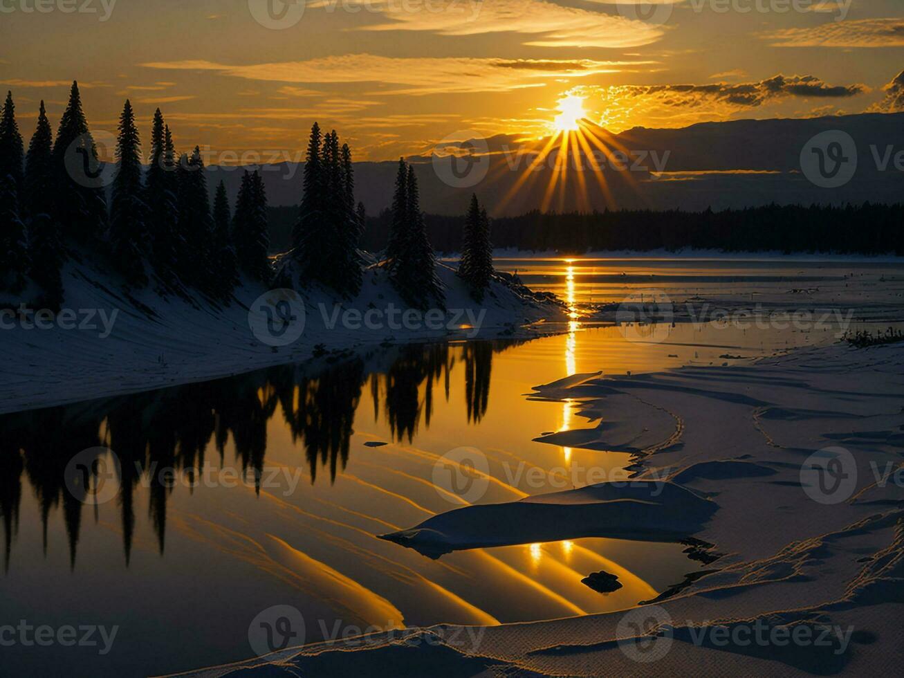 AI generated An image of a vibrant sunset over a serene lake, with colorful reflections shimmering on the water with snow photo