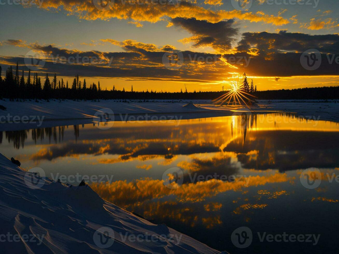 AI generated An image of a vibrant sunset over a serene lake, with colorful reflections shimmering on the water with snow photo