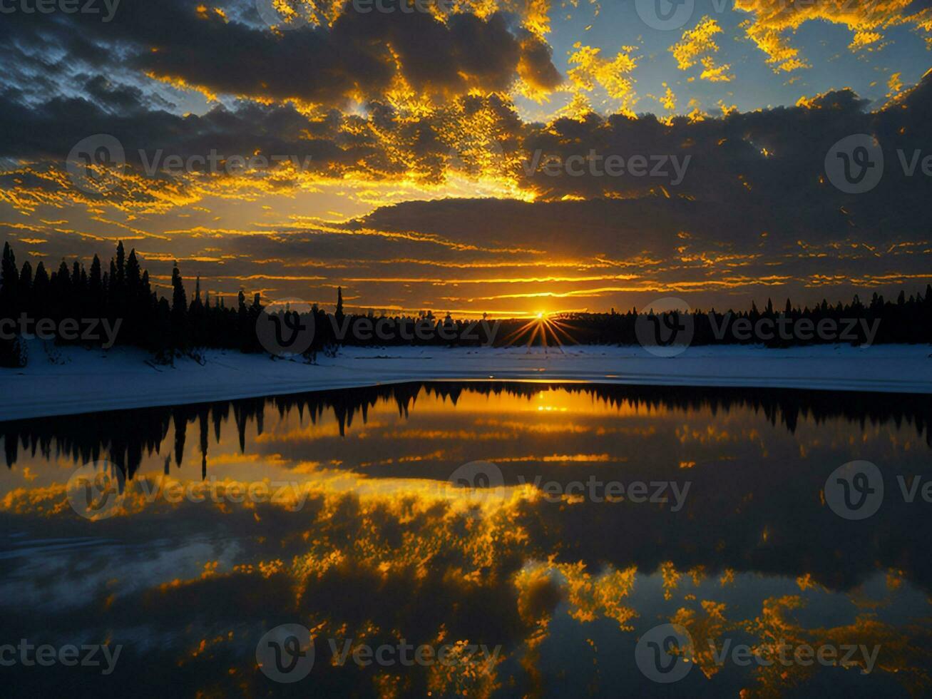 AI generated An image of a vibrant sunset over a serene lake, with colorful reflections shimmering on the water with snow photo