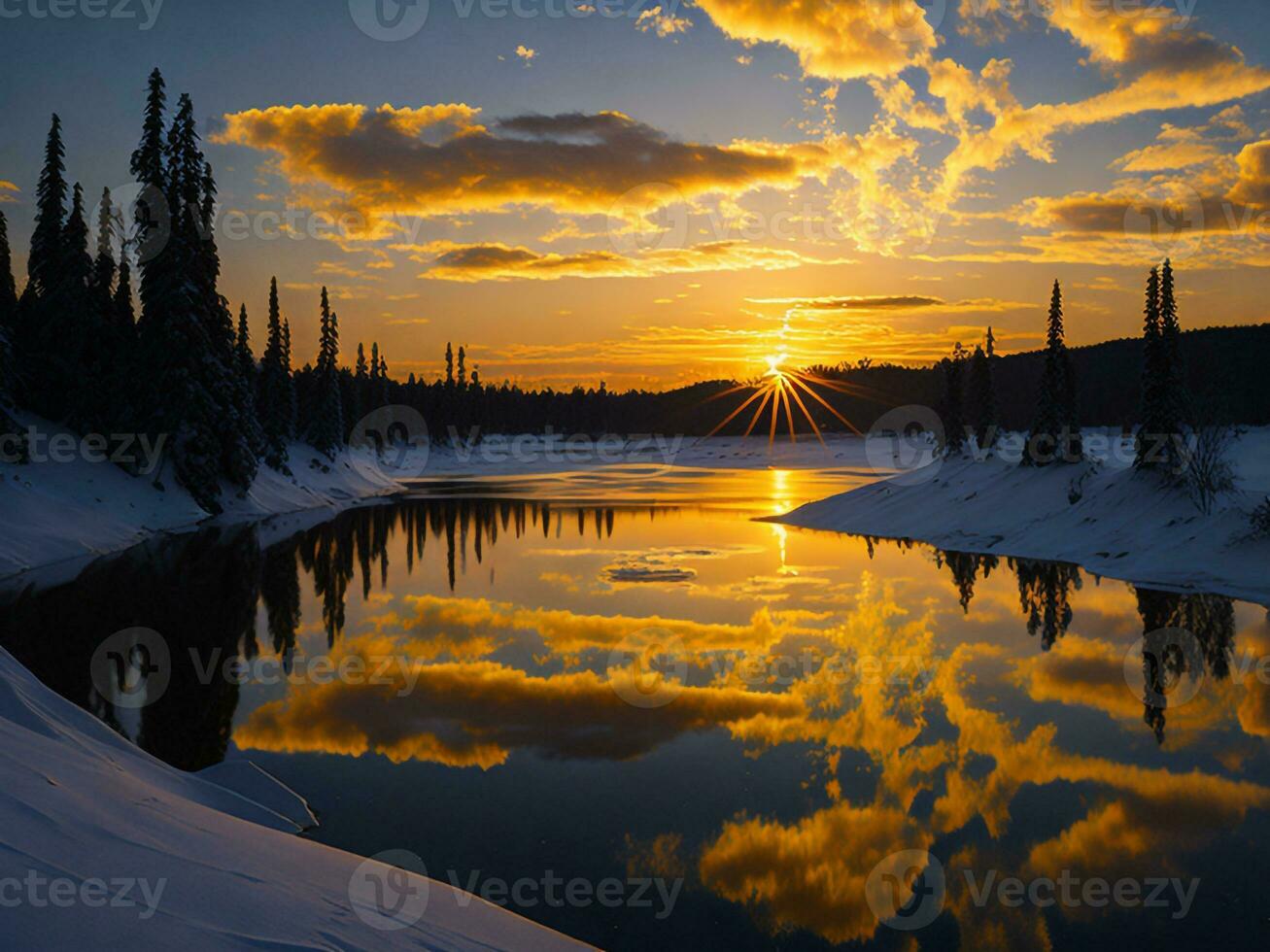 AI generated An image of a vibrant sunset over a serene lake, with colorful reflections shimmering on the water with snow photo
