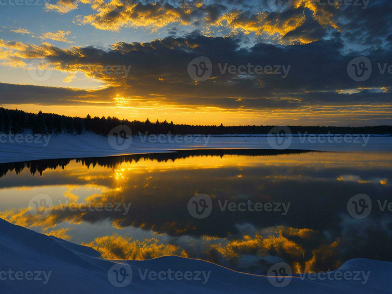 AI generated An image of a vibrant sunset over a serene lake, with colorful reflections shimmering on the water with snow photo