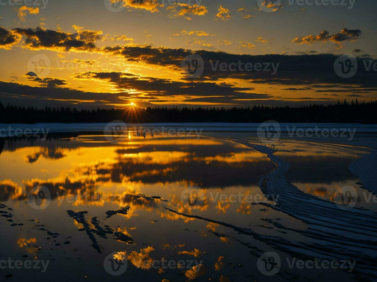 AI generated An image of a vibrant sunset over a serene lake, with colorful reflections shimmering on the water with snow photo