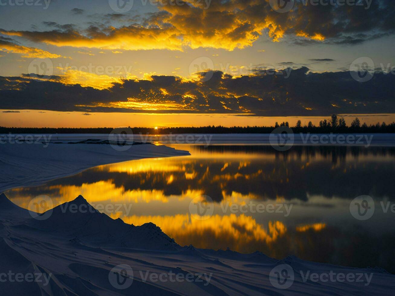 AI generated An image of a vibrant sunset over a serene lake, with colorful reflections shimmering on the water with snow photo