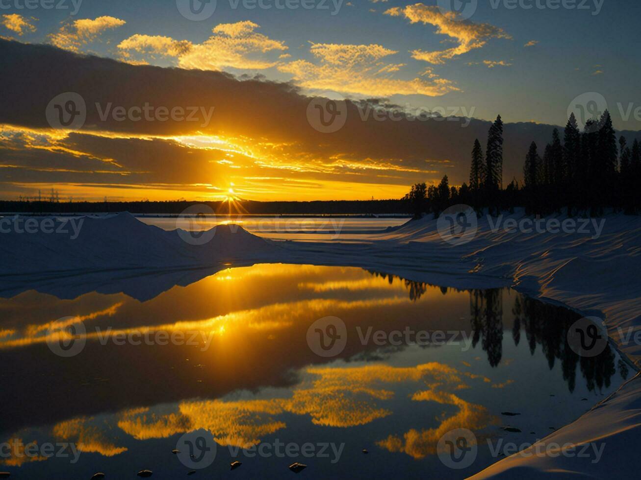 AI generated An image of a vibrant sunset over a serene lake, with colorful reflections shimmering on the water with snow photo