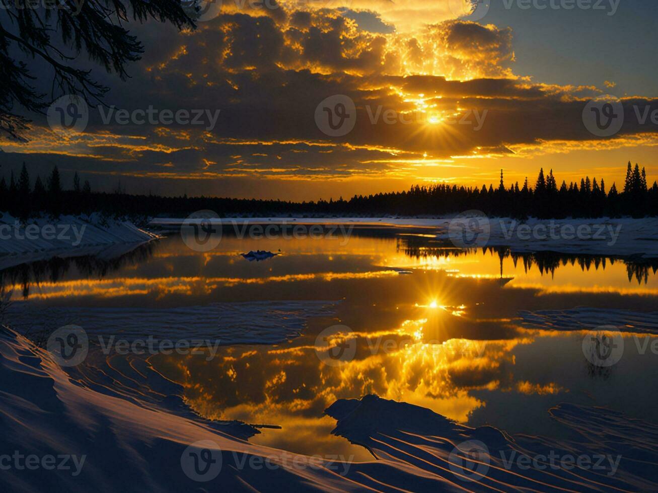 AI generated An image of a vibrant sunset over a serene lake, with colorful reflections shimmering on the water with snow photo