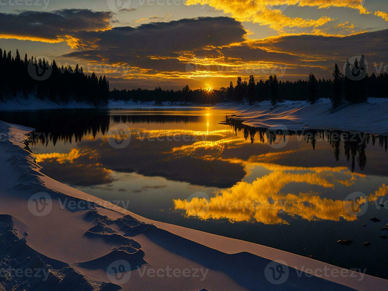 AI generated An image of a vibrant sunset over a serene lake, with colorful reflections shimmering on the water with snow photo