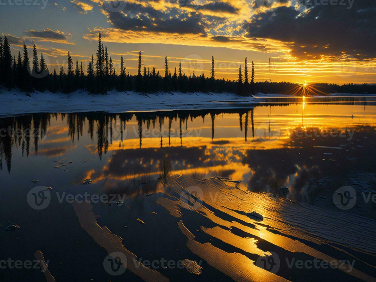 AI generated An image of a vibrant sunset over a serene lake, with colorful reflections shimmering on the water with snow photo