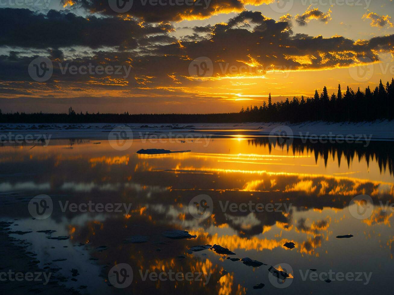 AI generated An image of a vibrant sunset over a serene lake, with colorful reflections shimmering on the water with snow photo