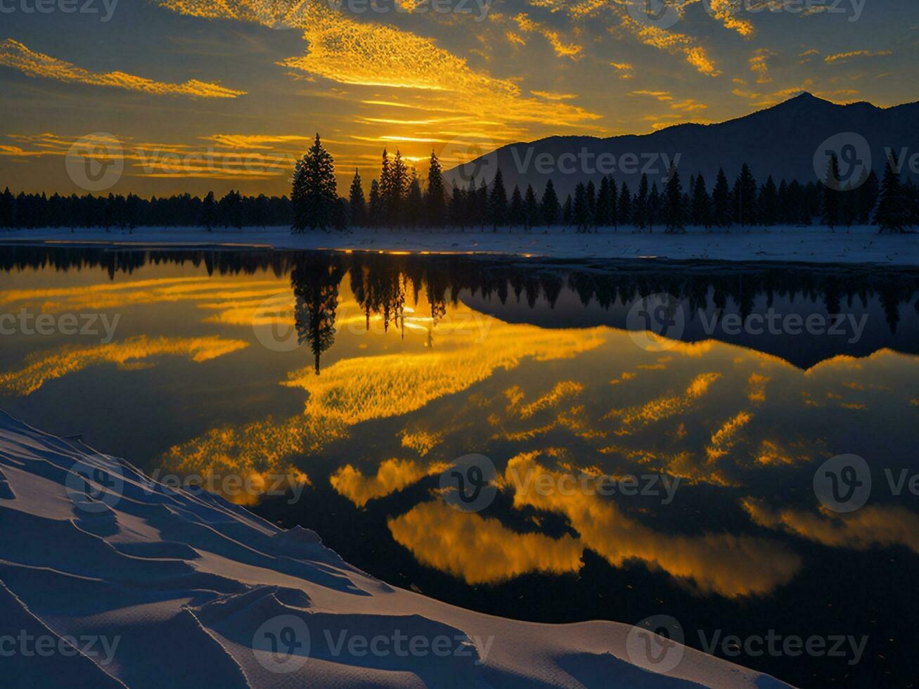 AI generated An image of a vibrant sunset over a serene lake, with colorful reflections shimmering on the water with snow photo