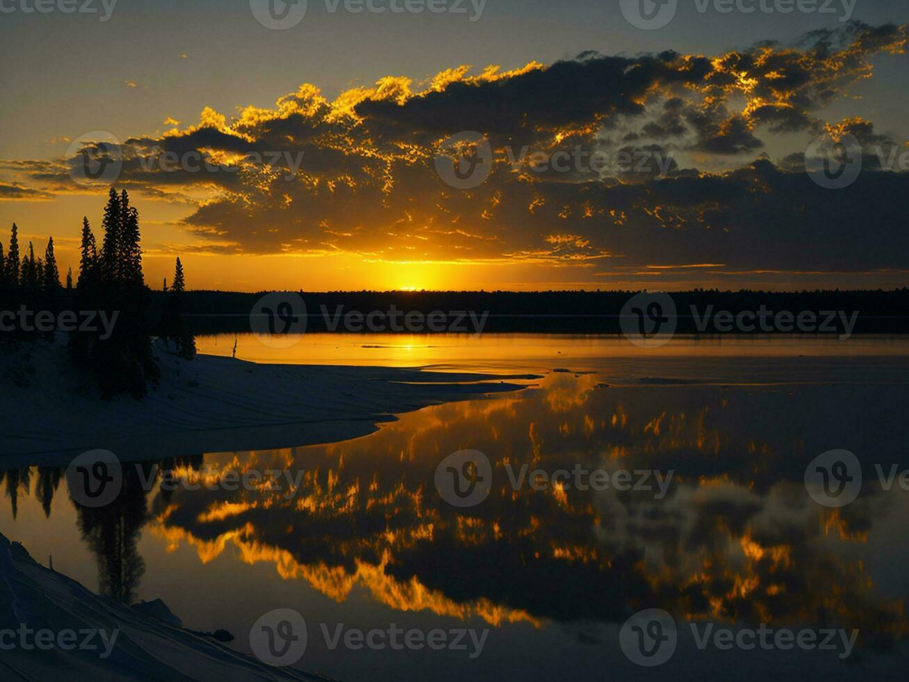 AI generated An image of a vibrant sunset over a serene lake, with colorful reflections shimmering on the water with snow photo