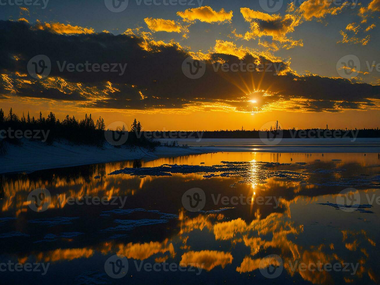 AI generated An image of a vibrant sunset over a serene lake, with colorful reflections shimmering on the water with snow photo