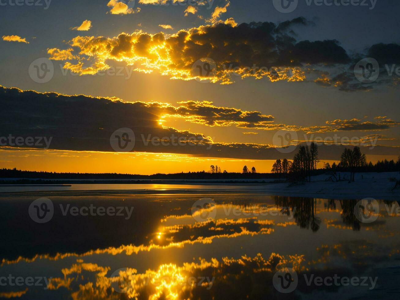 AI generated An image of a vibrant sunset over a serene lake, with colorful reflections shimmering on the water with snow photo