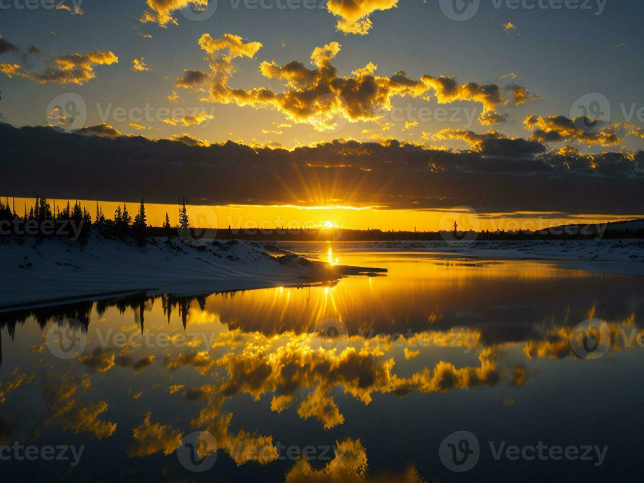 AI generated An image of a vibrant sunset over a serene lake, with colorful reflections shimmering on the water with snow photo