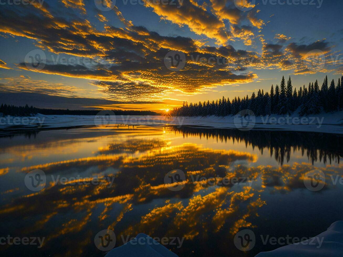 AI generated An image of a vibrant sunset over a serene lake, with colorful reflections shimmering on the water with snow photo