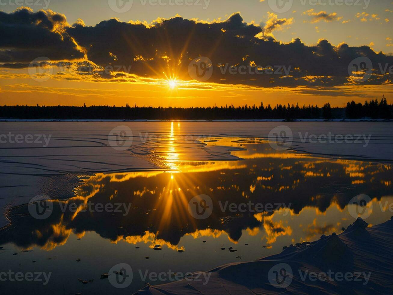 AI generated An image of a vibrant sunset over a serene lake, with colorful reflections shimmering on the water with snow photo
