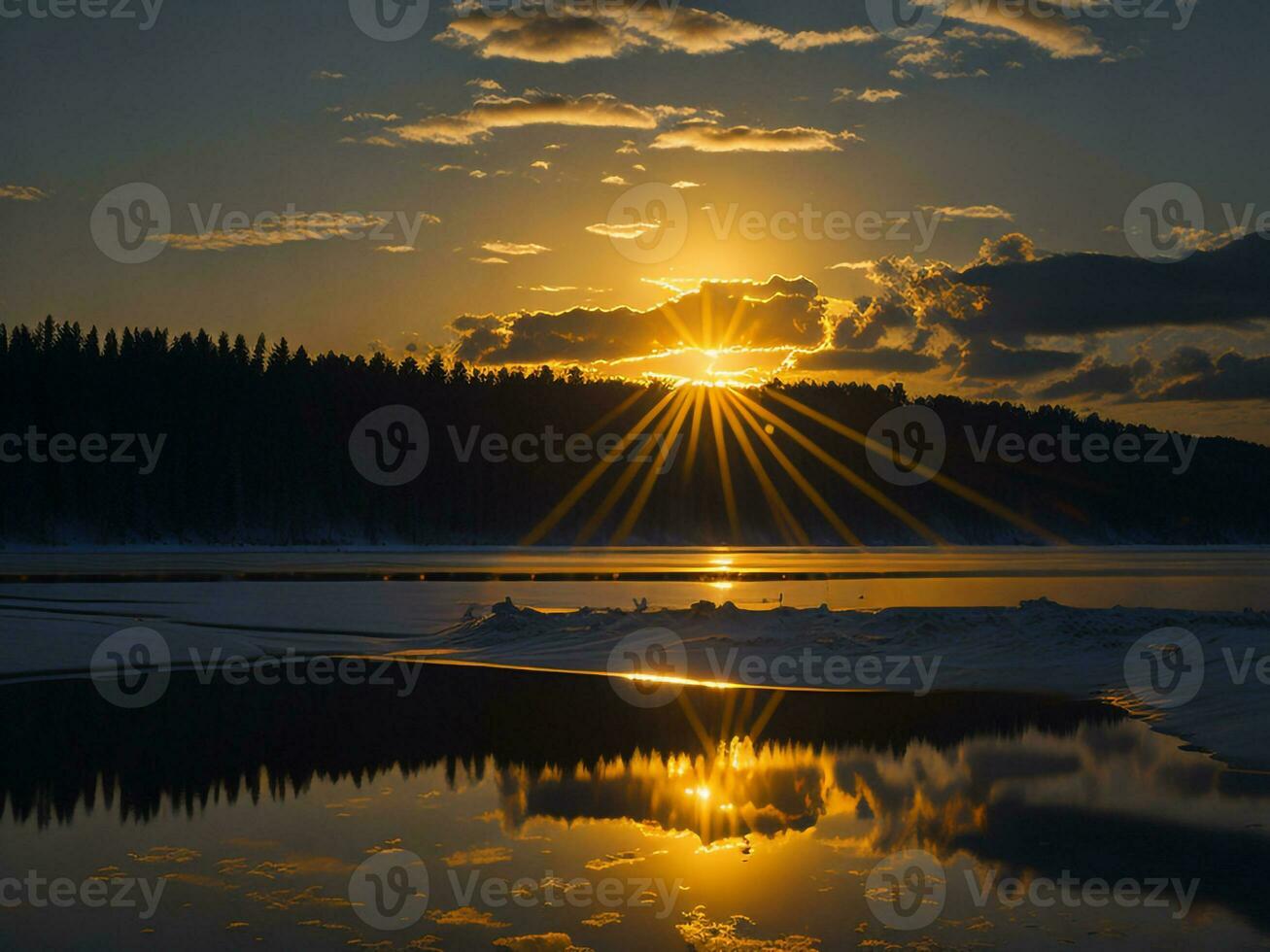 ai generado un imagen de un vibrante puesta de sol terminado un sereno lago, con vistoso reflexiones reluciente en el agua con nieve foto