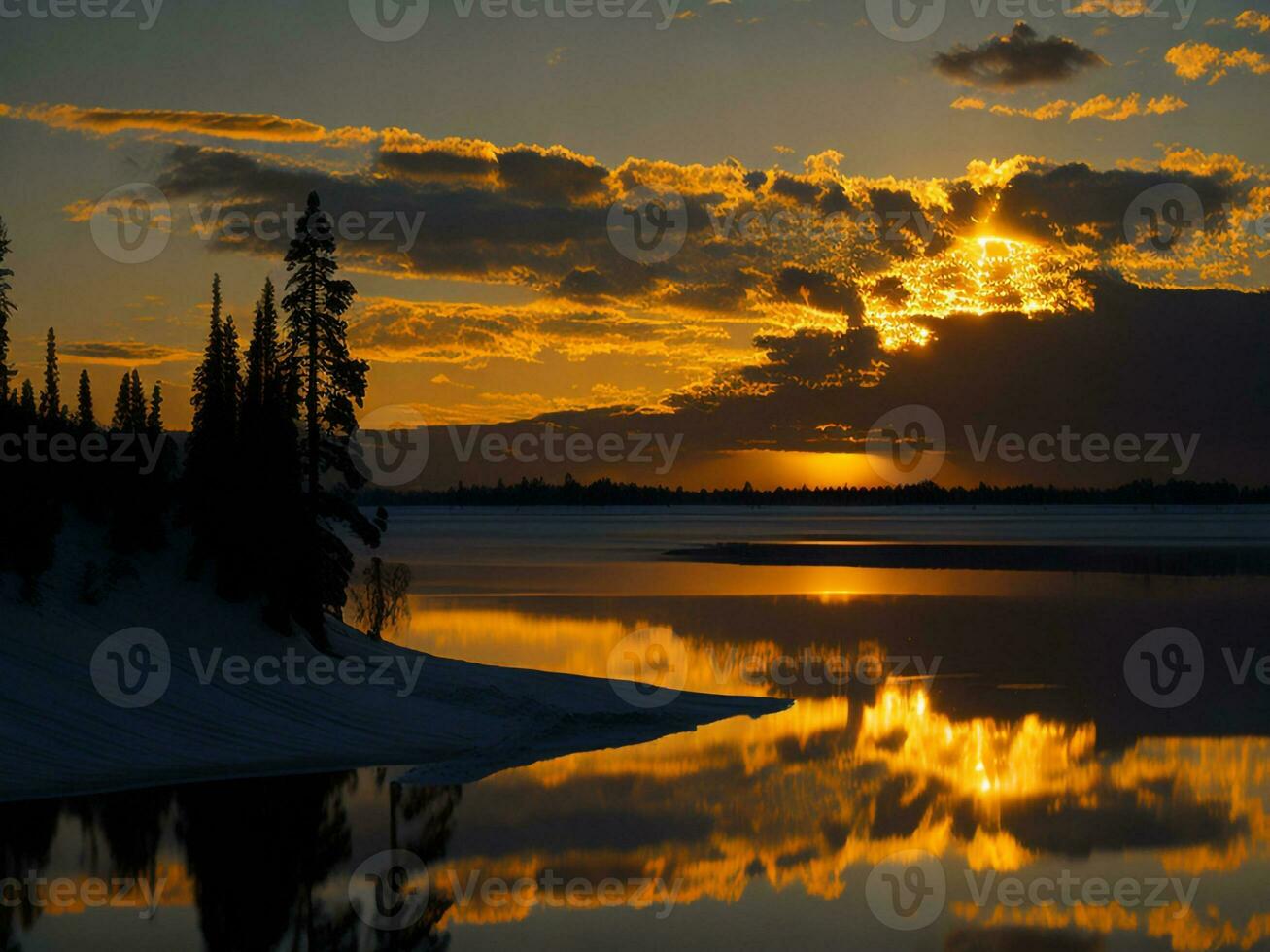 AI generated An image of a vibrant sunset over a serene lake, with colorful reflections shimmering on the water with snow photo